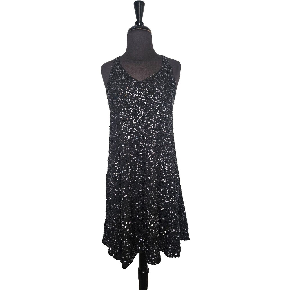 EILEEN FISHER Black Silk Sequin Racerback Sparkle Dress Small Lined Cocktail LBD